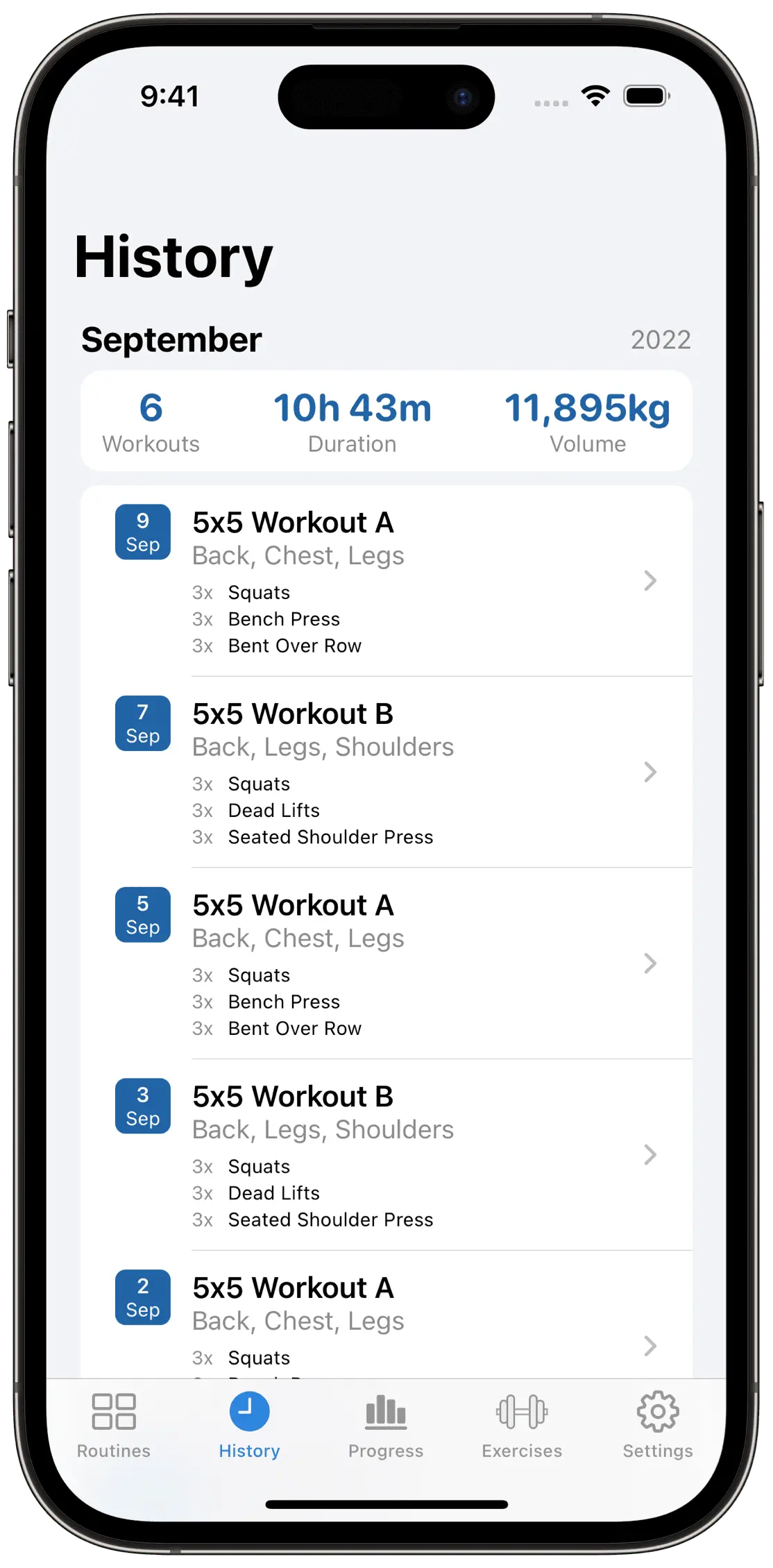 Workout History Screen on iOS