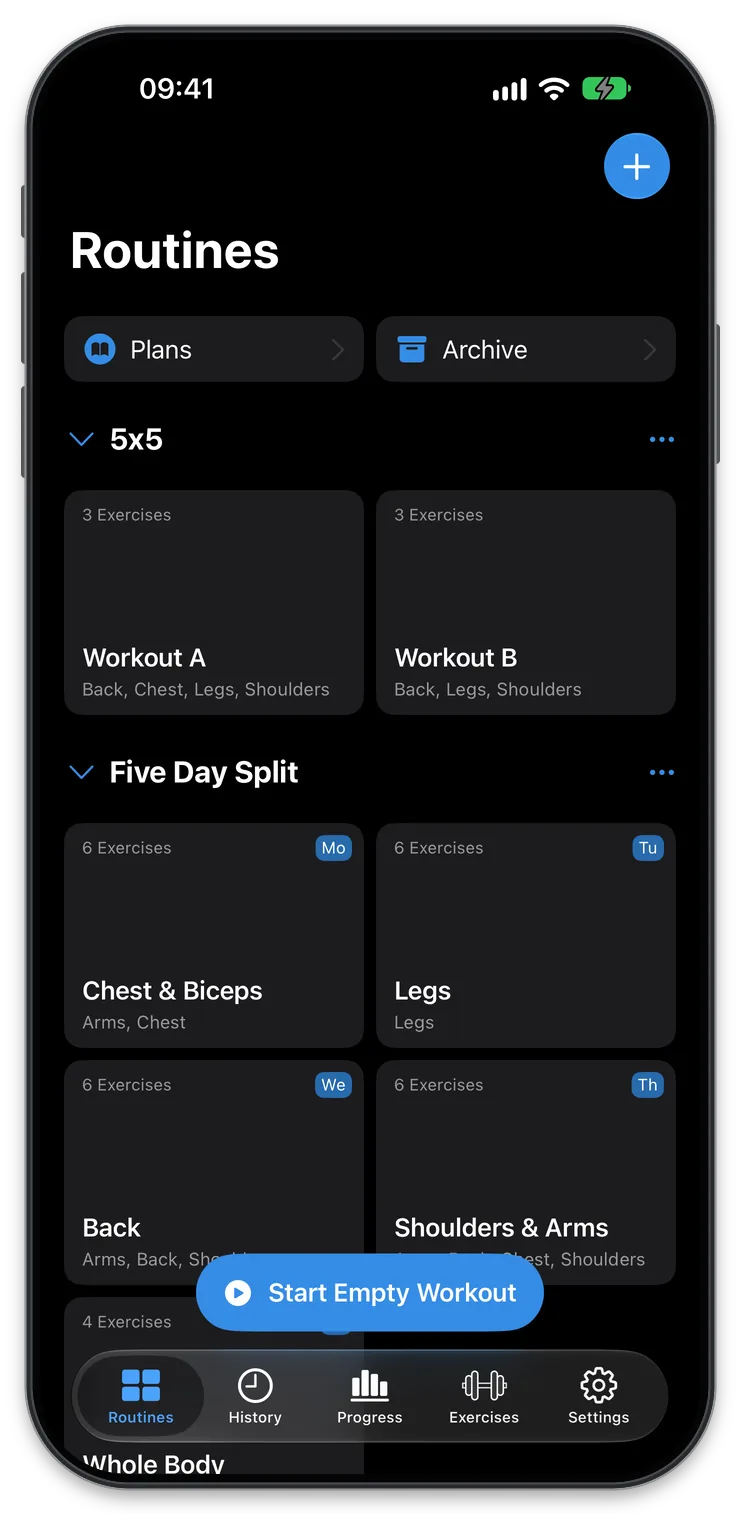 Workout routines in Liftlog+ for iOS